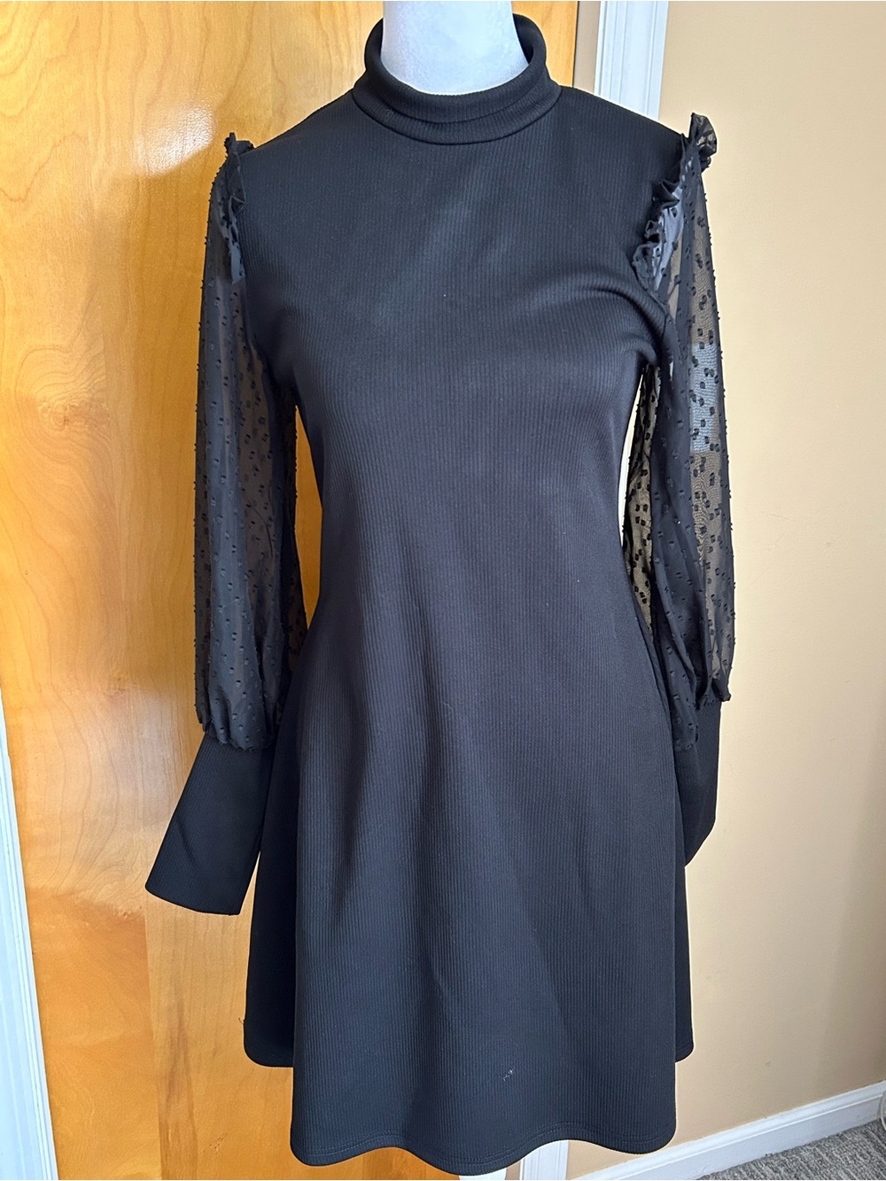 Black Mock Neck Long-Sleeve Dress with Sheer Dotted Sleeves